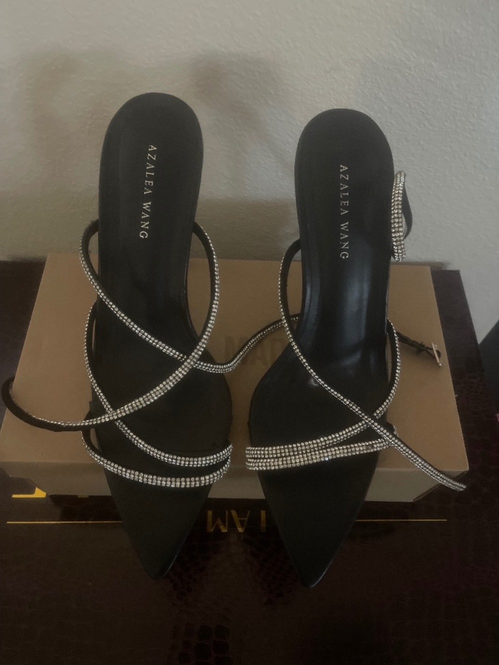 Azalea Wang Black Rhinestone Cross Ankle Heels
